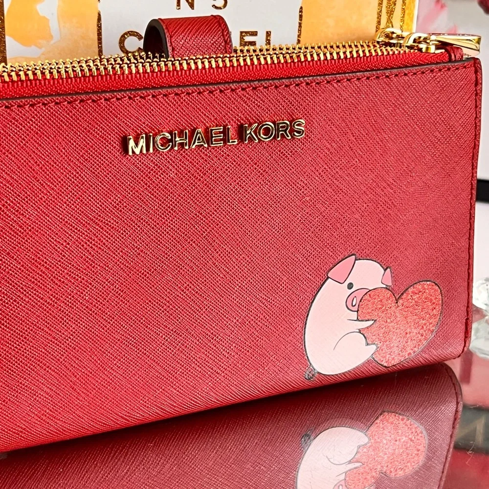 Michael Kors NWOT Red Kearny with Heart and pig Design wallet or clutch